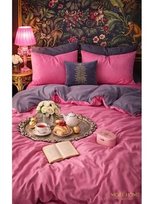 More Home Tek Kişilik Nevresim Takımı Lastikli Çarşaflı    Fuşya Antrasit