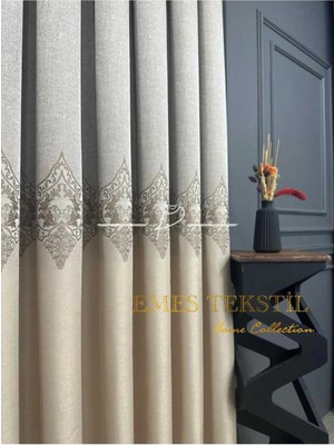 Emes Taş - Krem Pano Fon Perde, Lüks Desenli Perde,a Kalite,blackout 1*3 Sık Pile,(Tek Kanat)