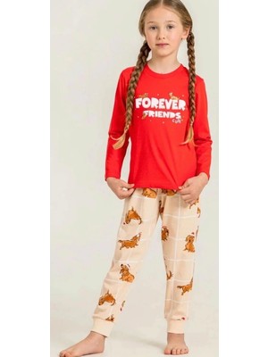 Queen Kids RP3907 Kız Çocuk Köpekli Pijama Takımı Kırmızı