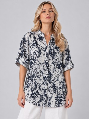 Sibel Günay Butik Lacivert Beyaz Şal Desenli %100 Pamuk Etamin Dokulu Hakim Yaka Cepli Kadın Gömlek Tunik 65 cm