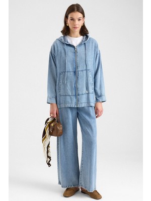 Olcay Fermuar Kapamalı Kapüşonlu Soft Denim Ceket Pantolon Ikili Takım Açık Mavi 9402-TK