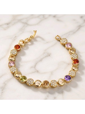 Zefrimo cm Jewellery Renkli Taş Detaylı Altın Renk Kadın Bileklik Işıltılı Yuvarlak Zirkontaşlı Şık Bileklik 19 cm