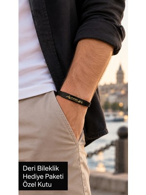 Herşey Nota Norcello Skyline Siyah Deri Erkek Bileklik - Istanbul Silüet Yazılı Minimal Tasarım