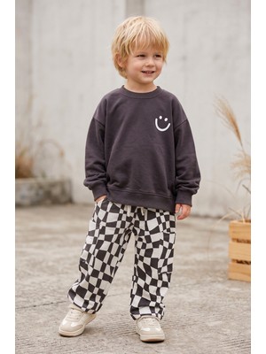 Babymod Çocuk Smıley Baskılı Antrasit Sweatshirt ve Dama Desenli Eşofman Takımı