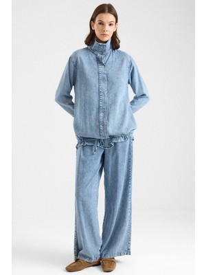 Olcay Büzgü Detaylı Soft Denim Ceket Pantolon Ikili Takım Mavi 9472-TK