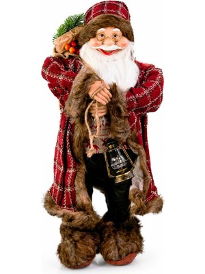 Dekorsende Yılbaşı Ekoseli Kahverengi Kürklü Noel Baba Figürü Kırmızı 60 cm