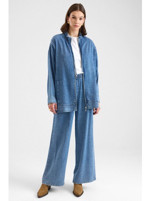 Olcay Fermuar Kapamalı Bağcık Detaylı Soft Denim Ceket Pantolon Ikili Takım Mavi 9468-TK