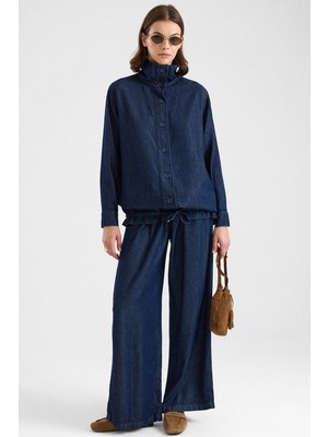 Olcay Büzgü Detaylı Soft Denim Ceket Pantolon Ikili Takım Lacivert 9472-TK