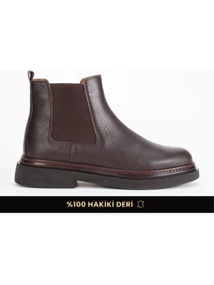 Fame Step Hakiki Deri Erkek Chelsea Bot Lastikli Kalın Taban Casual Kışlık Soğuğa Dayanıklı Kahverengi