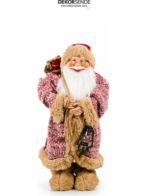 Dekorsende Yılbaşı Yün Örme Cübbeli ve Peluşlu Ayakta Noel Baba Figürü Kırmızı 60 cm