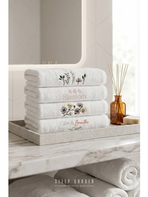 Sleep Garden %100 Pamuk Nakışlı Tasarım Yazılı&çiçekli Desen El ve Yüz Havlusu 50X90 cm 4'lü Set