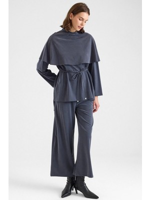 Olcay Şal Aksesuarlı Premium Kumaş Tunik Pantolon Füme 9470-TK