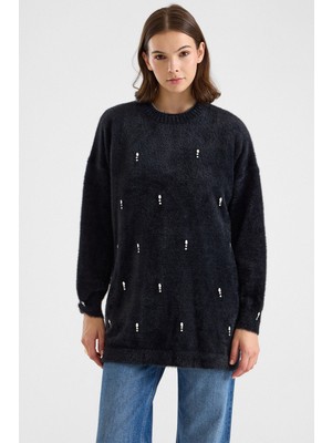 Olcay Taş Detaylı Soft Kumaş Oversize Triko Kazak Siyah 8290
