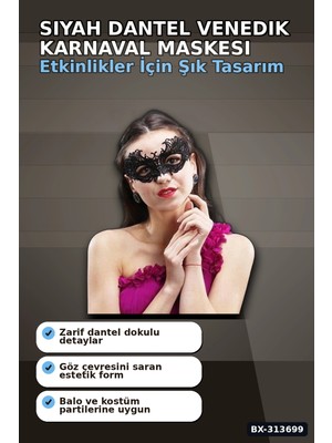 Eco Lounge Dantel Işlemeli Siyah Venedik Karnaval Maskesi 10X23 cm Yetişkin Balo Aksesuarı BX-313699