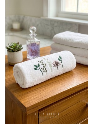 Sleep Garden %100 Pamuk Nakışlı Tasarım Yaprak Desen El ve Yüz Havlusu 50X90 cm