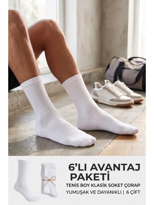 Lykos 6'lı Beyaz Tenis Çorap Seti - Pamuklu Spor Uzun Soket Çorap Paket