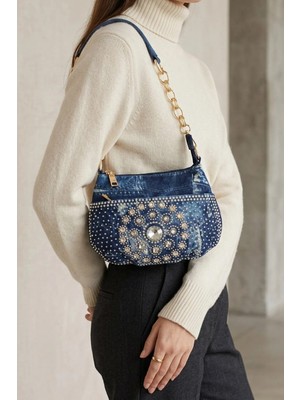 Guja C1090 Kadın Taşlı Denim Küçük Omuz ve Çapraz Çanta Kot Mavi