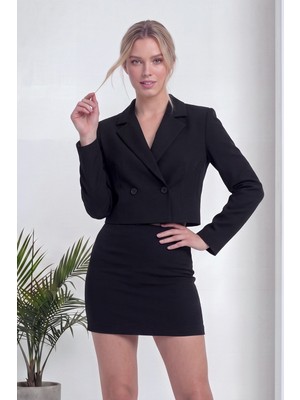 thezkscom Kadın Crop Blazer Düğmeli Kahverengi, Siyah Modern Ceket