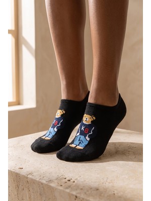 Bony Socks Unisex Teddy Desenli Sneaker Görünmez Çorap Siyah