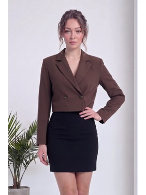 The ZKS Kadın Crop Blazer Ceket Uzun Kol Düğmeli V Yaka Kahverengi, Siyah