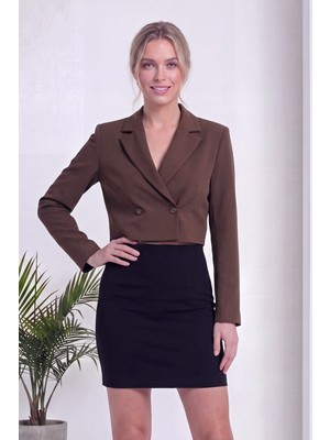 thezkscom Kadın Crop Blazer Düğmeli Kahverengi, Siyah Modern Ceket