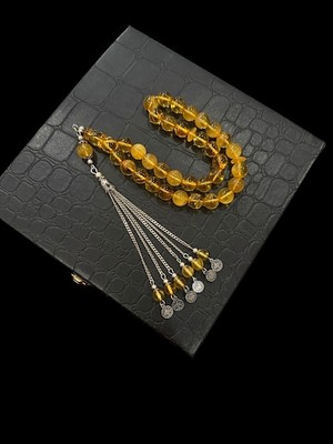Albos Mücevherat Kaya Damla Kehribar Tesbih 23 Gram 10X10 mm Gümüş Püsküllü Tespih Sarı