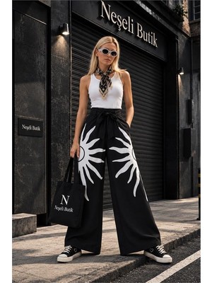 Neşeli Butik Kadın Viskon Kumaş Bel Fiyonk Detaylı Baskılı Geniş Paça Pantolon NBHT05