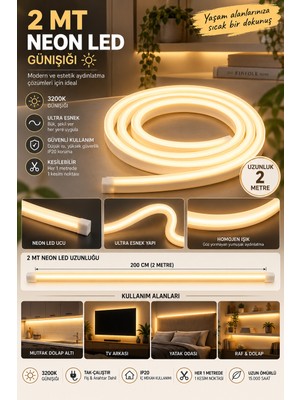 Noas 2 Metre 220VOLT Tak Çalıştır Gün Işığı Yüksek Performanslı 3200K Neon LED Fişli Trafo Gerektirmez Esnek LED