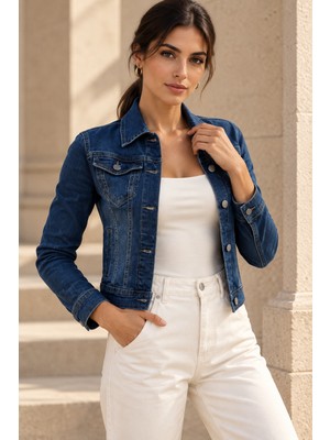 Polo State Kadın Koyu Mavi Yıkamalı Slim Fit Kısa Denim Ceket