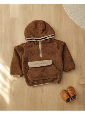 Reycan Açık Kahverengi – Kız Çocuk Kahverengi Peluş Sweatshirt Kapüşonlu Kışlık Rahat Model