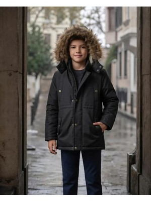 Tiamo junior Erkek Çocuk Siyah Şişme Kürklü Kapüşonlu Kaban Mont Kışlık Rahat