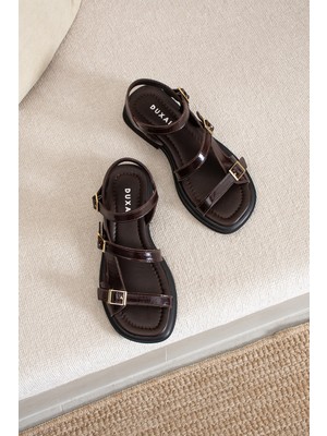 Duxal Shoes Patricia Kadın Hakiki Deri Gold Tokalı Ayarlanabilir Yaz Sandaleti Terlik Ultra Rahat ve Şık