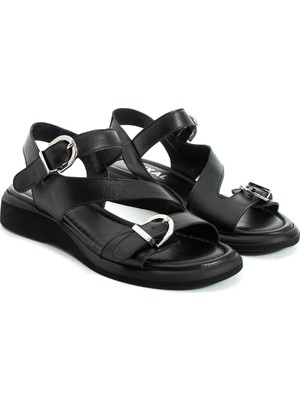 Duxal Shoes Dylan Siyah Hakiki Deri Tokalı ve Çapraz Bantlı Kadın Sandalet