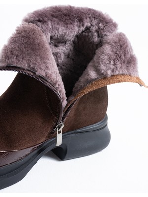 Duxal Shoes Shay Kadın Süet Hakiki Deri Kürklü Fermuarlı Kış Botu