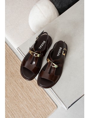 Duxal Shoes Layana Kırmızı Hakiki Deri Rugan Gold Tokalı Kadın Sandalet