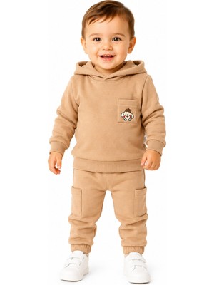 Chicsy Baby Erkek Bebek Kapüşonlu Jogger Eşofman Takımı Cepli 2\'li Kışlık Pamuklu Bebek Takımı