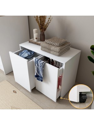 Rani Mobilya Rani KC117 Tekerlekli Kirli Çamaşır Dolabı 2 Bölmeli Banyo Dolabı Beyaz