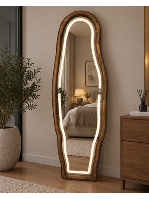 Effe Yapı Dekor Ledli Doğal Ahşap Çerçeveli 180X60 cm ( Ceviz ) Asimetrik Ayaklı Boy Aynası