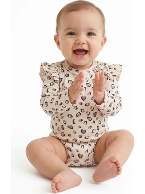 Bebegen Kız Bebek Bej Kahve Leopar Desenli Fırfırlı Body Zıbın