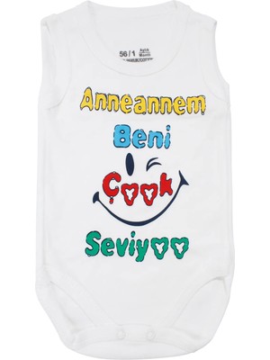 Bebegen Unisex Beyaz Anneannem Beni Çok Seviyor Yazılı Askılı Zıbın