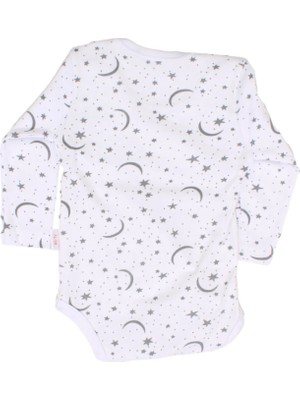 Bebegen Unisex Beyaz Ay Yıldız Desenli Uzun Kollu Çıtçıtlı Zıbın