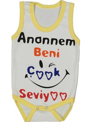 Bebegen Unısex Beyaz Sarı Biyeli Anaannem Beni Seviyor Yazılı Askılı Zıbın