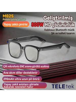 Teletek Akıllı Gözlük, 800W HD Kamera, Fotokromik Lensler, Yapay Zeka Asistanı, Müzik Dinleme, Video, Fotoğraf Çekme, Telefonla Konuşma, Giyilebilir