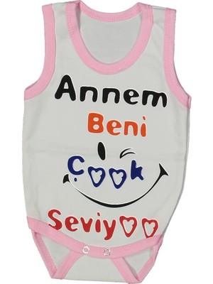 Bebegen Kız Bebek Beyaz Pembe Biyeli Annem Beni Seviyor Yazılı Askılı Zıbın