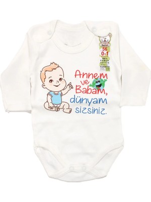 Bebegen Unisex Beyaz Anne ve Babam Dünyam Sizsiniz Basıkılı Uzun Kollu Zıbın