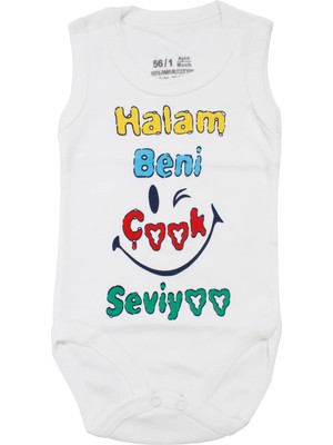 Bebegen Unisex Beyaz Halam Beni Çok Seviyor Yazılı Askılı Zıbın
