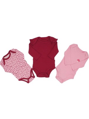 Bebegen Kız Bebek Fuşya Pembe Omuzları Fırfırlı Kalp Desenli 3'lü Zıbın Set