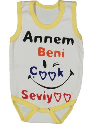 Bebegen Unısex Beyaz Sarı Biyeli Annem Beni Seviyor Yazılı Askılı Zıbın