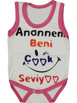 Bebegen Kız Bebek Beyaz Fuşya Biyeli Anaannem Beni Seviyor Yazılı Askılı Zıbın