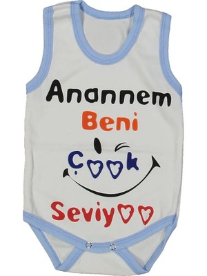 Bebegen Unısex Beyaz Mavi Biyeli Anaannem Beni Seviyor Yazılı Askılı Zıbın